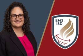  A smiling woman with a blue background and the maroon and gold to her right and the EMS ISD logo